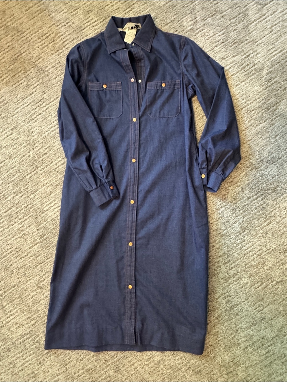 Vintage 70s - 80s Denim Chambray Midi Shirt Dress - Long Sleeve Button Front